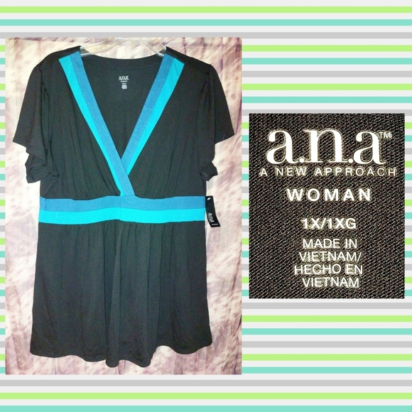 a.n.a. A New Approach Blk w/Teal Blue Stripes Soft Knit Babydoll Top 1X(14/16) - Picture 1 of 6